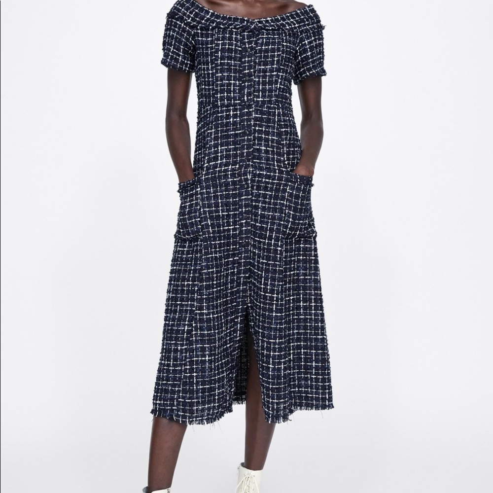 Tweed dress with gemstone button, NWT